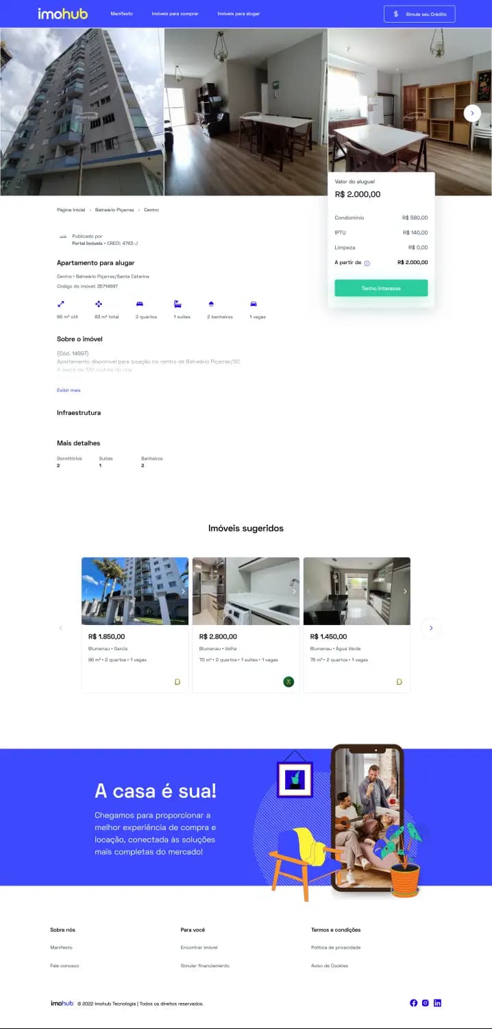An Imohub rental listing, with property photos, a price breakdown, and suggested properties