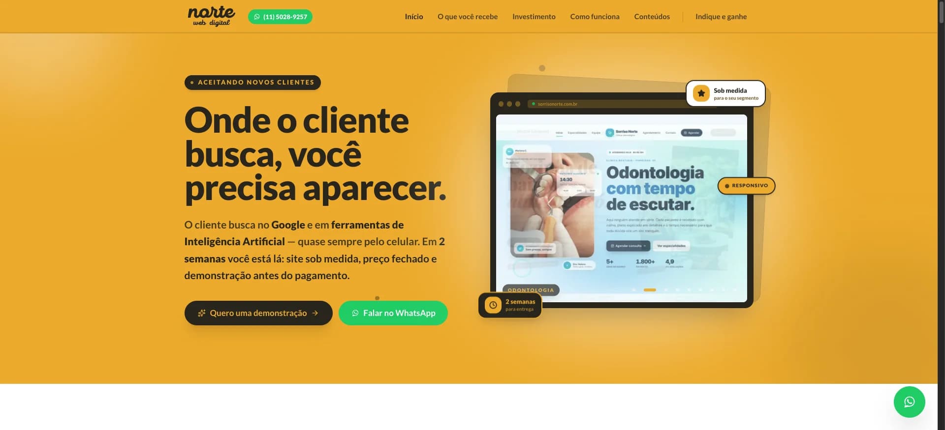 The Norte Web Digital homepage, with a custom website preview for a dental clinic